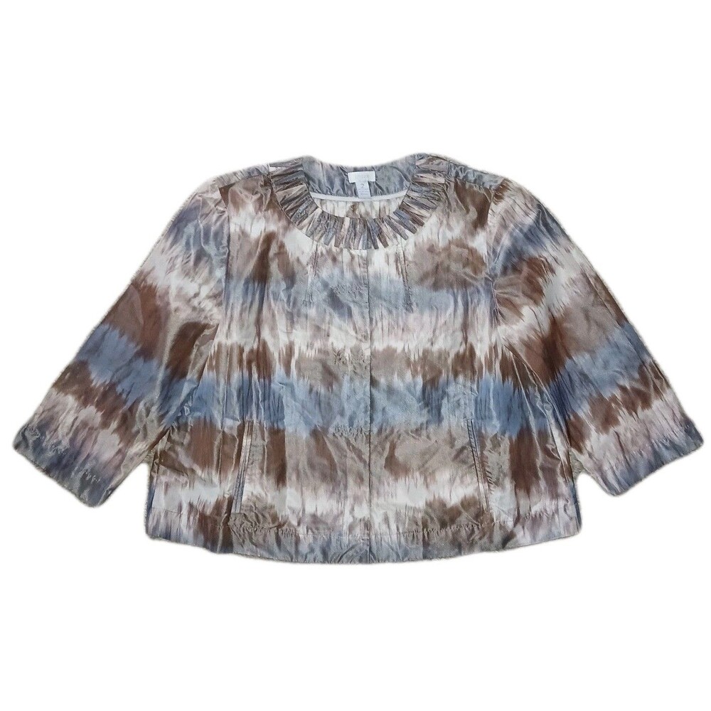 CHICOS Womens 2/L Tie Dye Satin 3/4 Snaps Lightweight Blazer Jacket Windbreaker